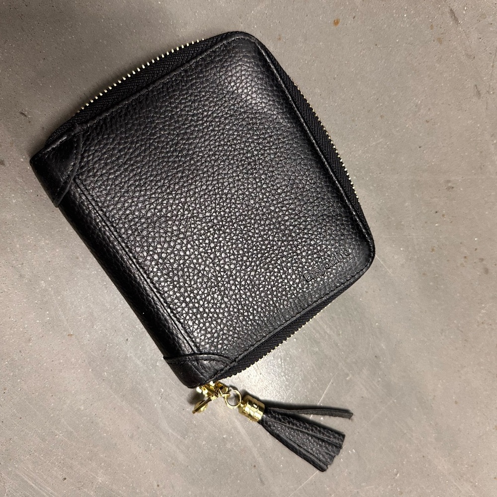 Black Leather Zip Wallet with Tassel